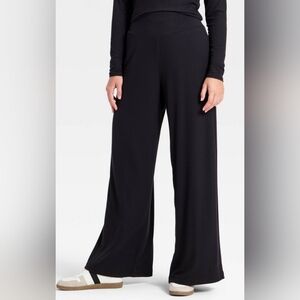 Chic Black Ribbed Knit Wide Leg Women's Pants C227